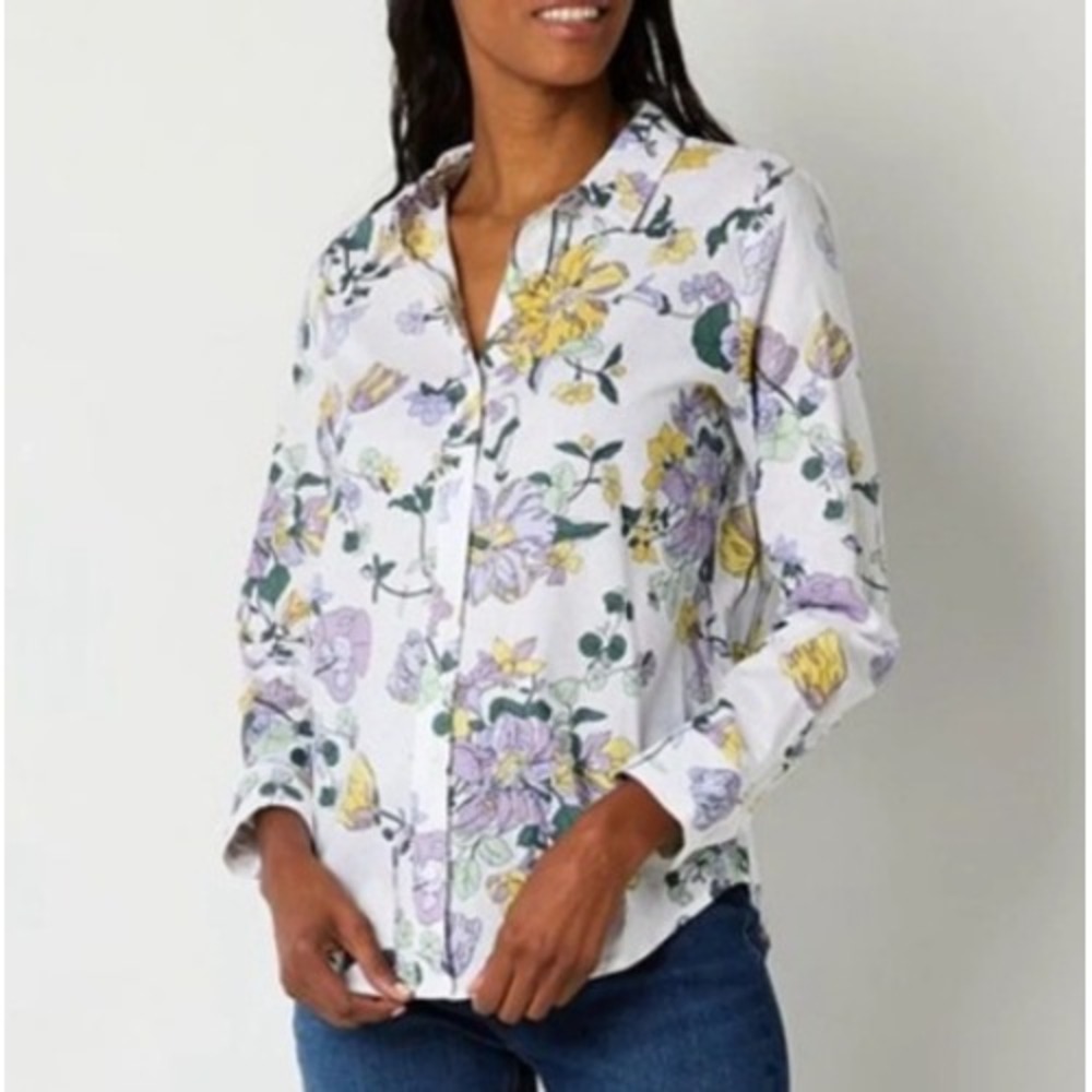 Liz Claiborne Button Up Shirt Garden Party Floral M Linen Blend Long Sleeve